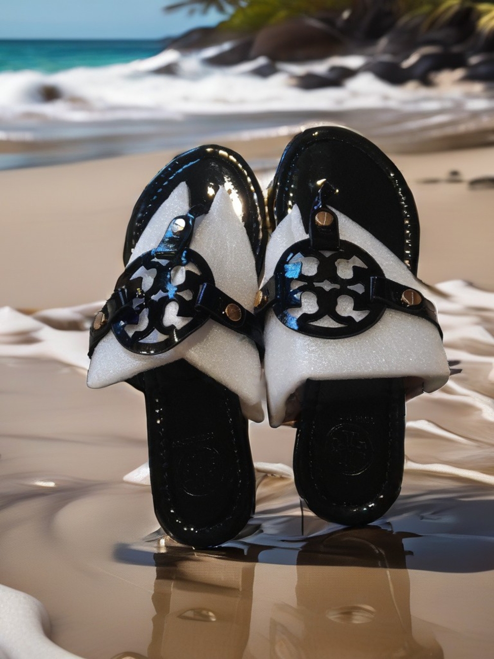 Black and White Slide Sandals with Decorative Medallion